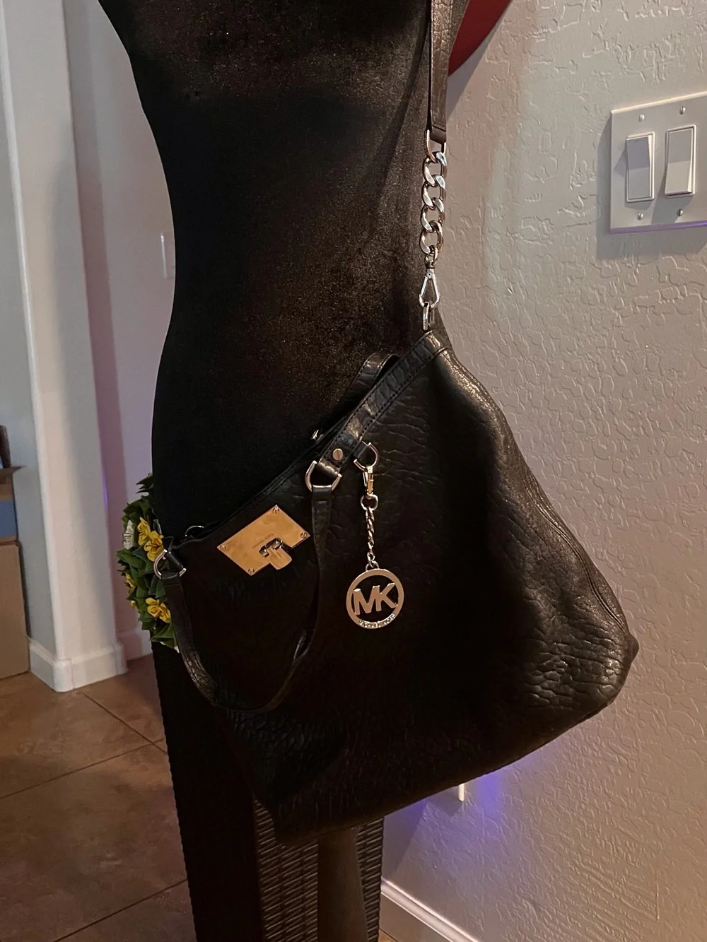 Michael Kors Black Shoulder Bag with Silver Hardware and MK Charm
